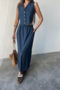TENCEL YELEK - YIRTMAÇLI ETEK TAKIM - İndigo resmi